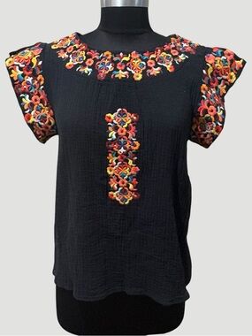 THML Black Embroidered Flutter-Sleeve gauze Blouse size S